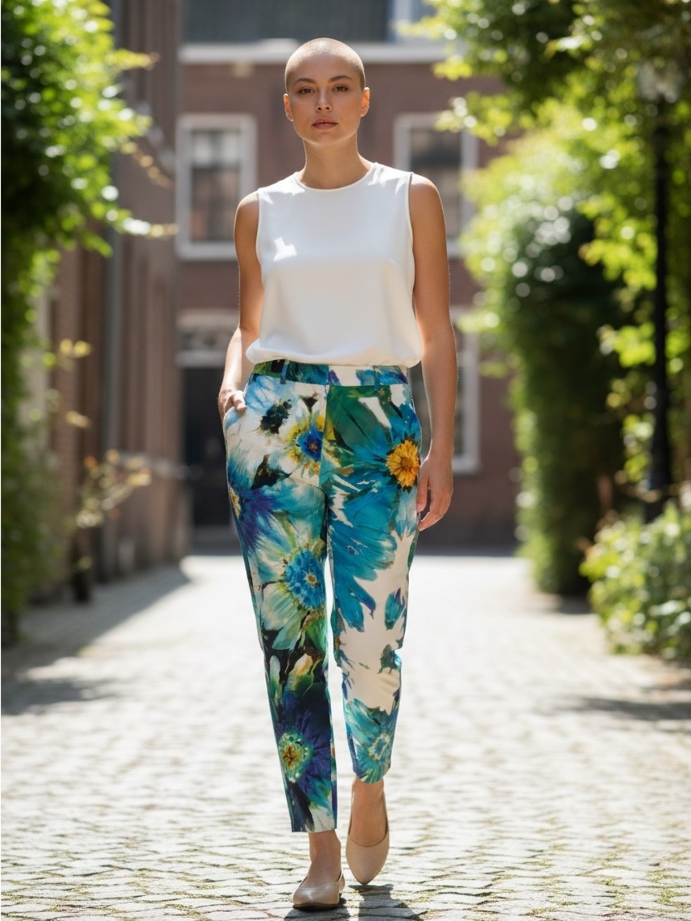 Bluemarine Floral Skinny Pants in Teal & White